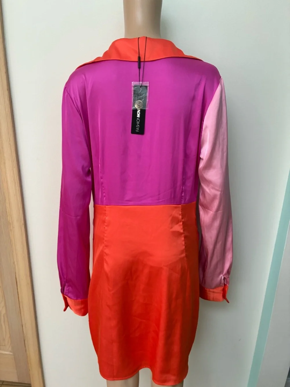 Fashion Nova Pink & Orange Satin Colorblock Tie-Front Mini Dress - Picture 3 of 8